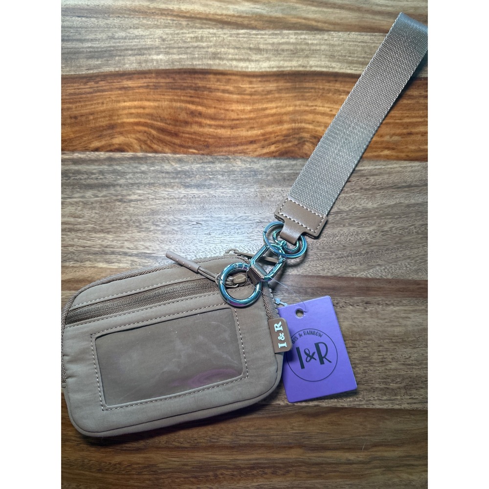 Iris & Rainbow Tan Nylon Wristlet Wallet ID Window Zip Pouch Card Holder NWT